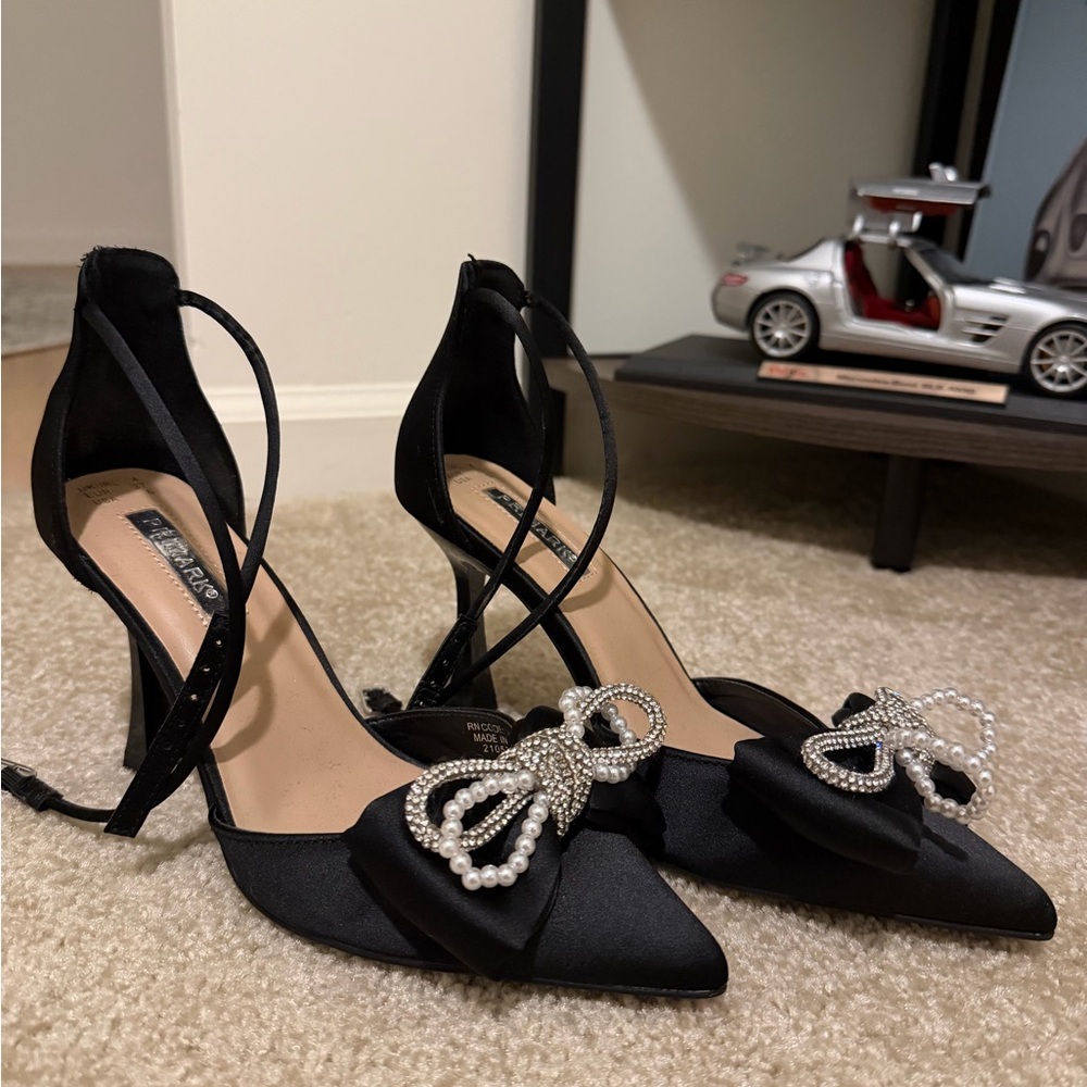 Primark Black Satin Heels with Pearl Bow